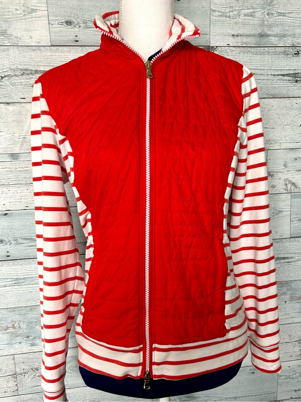 Fairway & Greene Red Quilted Zip-Up Jacket with Striped Sleeves